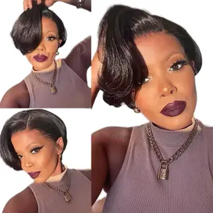 Pixie Hair 8 Inch 13X1 Curly HD Human Hair Wig Natural Black Color 180% Density Pre-bleached Lace Front Hairline Ginger Orange Highlights