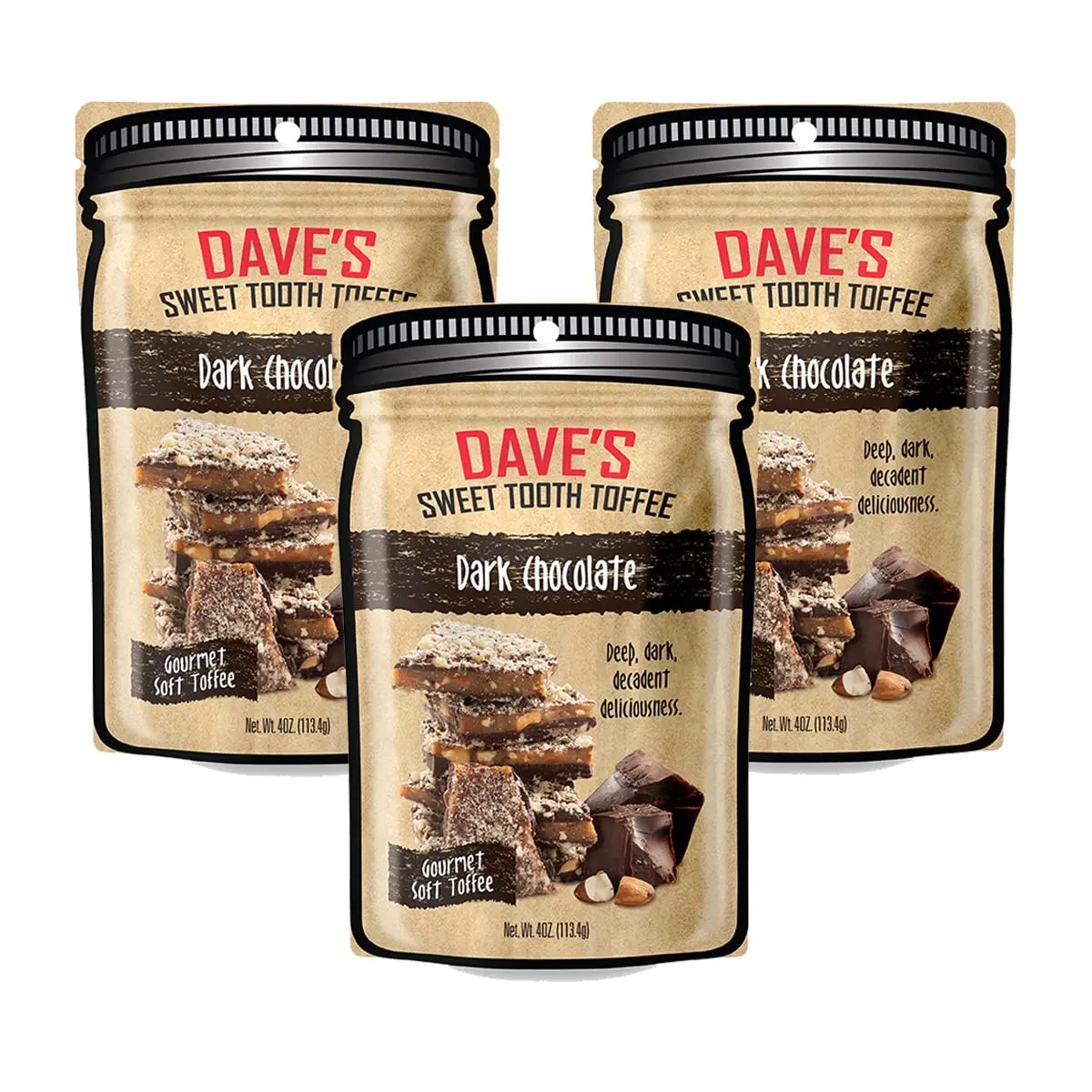 Dave's Sweet Tooth Toffee - Dark Chocolate Toffee Gift Set (4 oz. x 3) - Handmade & Homemade Dark Chocolate Gourmet Soft Toffee with Real Butter, Real Sugar, Hand-Sliced Almonds, Naturally Gluten-Free