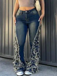 GILIPUR American High-Street Fashion Style Flared Jeans Ripped Frayed Denim — High-Waisted, Slim-Fit, and Distressed with Raw Hems | Unique Designer Look | Women's Everyday Casual Trousers Bottoms | TChic