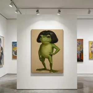 Whimsical Frog Portrait Canvas Poster Funny Animal Abstract Mimalist Green Funny Frog Poster Art Print Bob Haircut Kids Playroom Decor Frog Lover Gift Unique Wall Art quirky wall decor funny poster