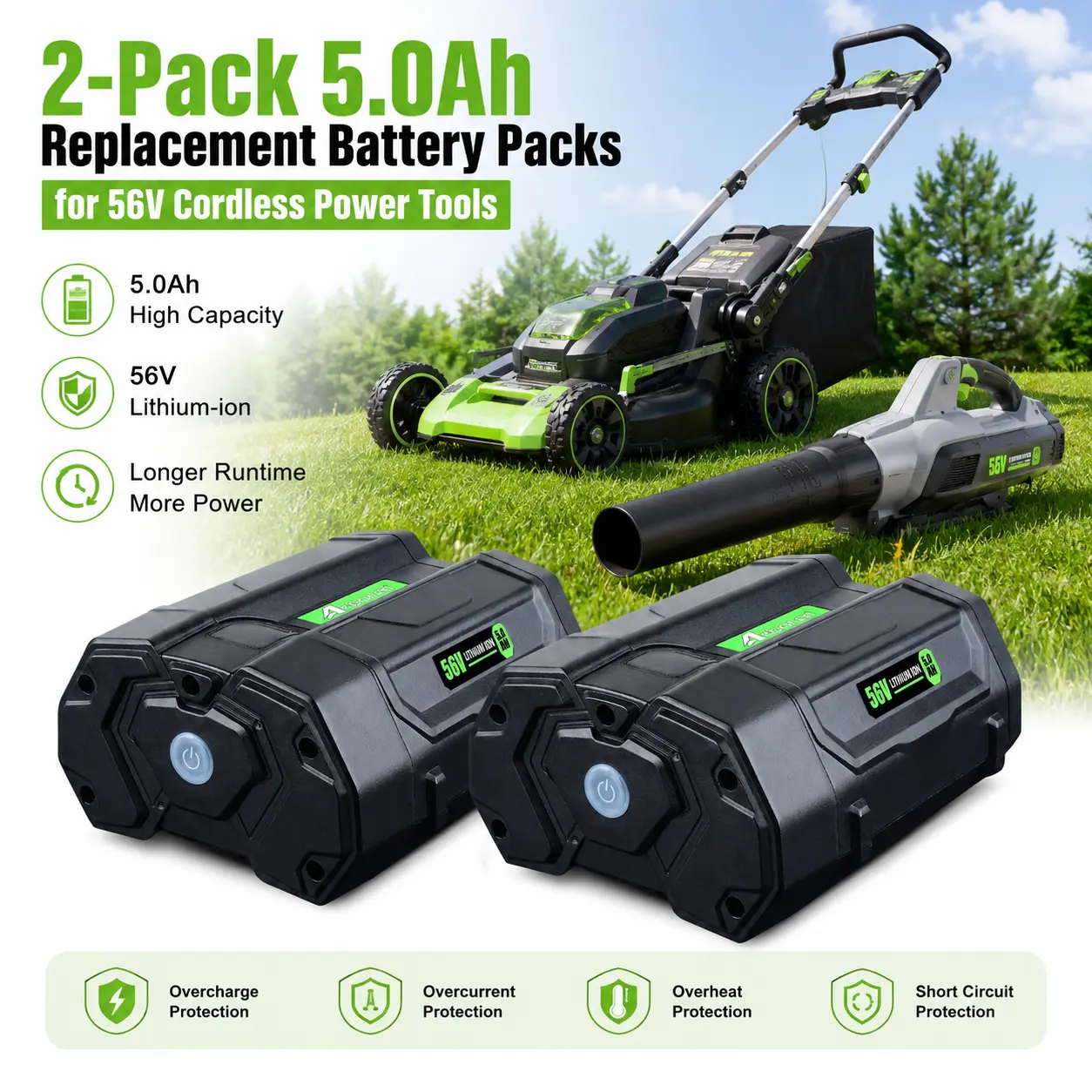 2-Pack 5.0Ah Lithium-ion Battery Replacement for EGO Power+ 56V, Compatible with BA2800T BA4200T BA1400T, Rechargeable Batteries for Lawn Mowers, Leaf Blowers, Hedge Trimmers and Chainsaws