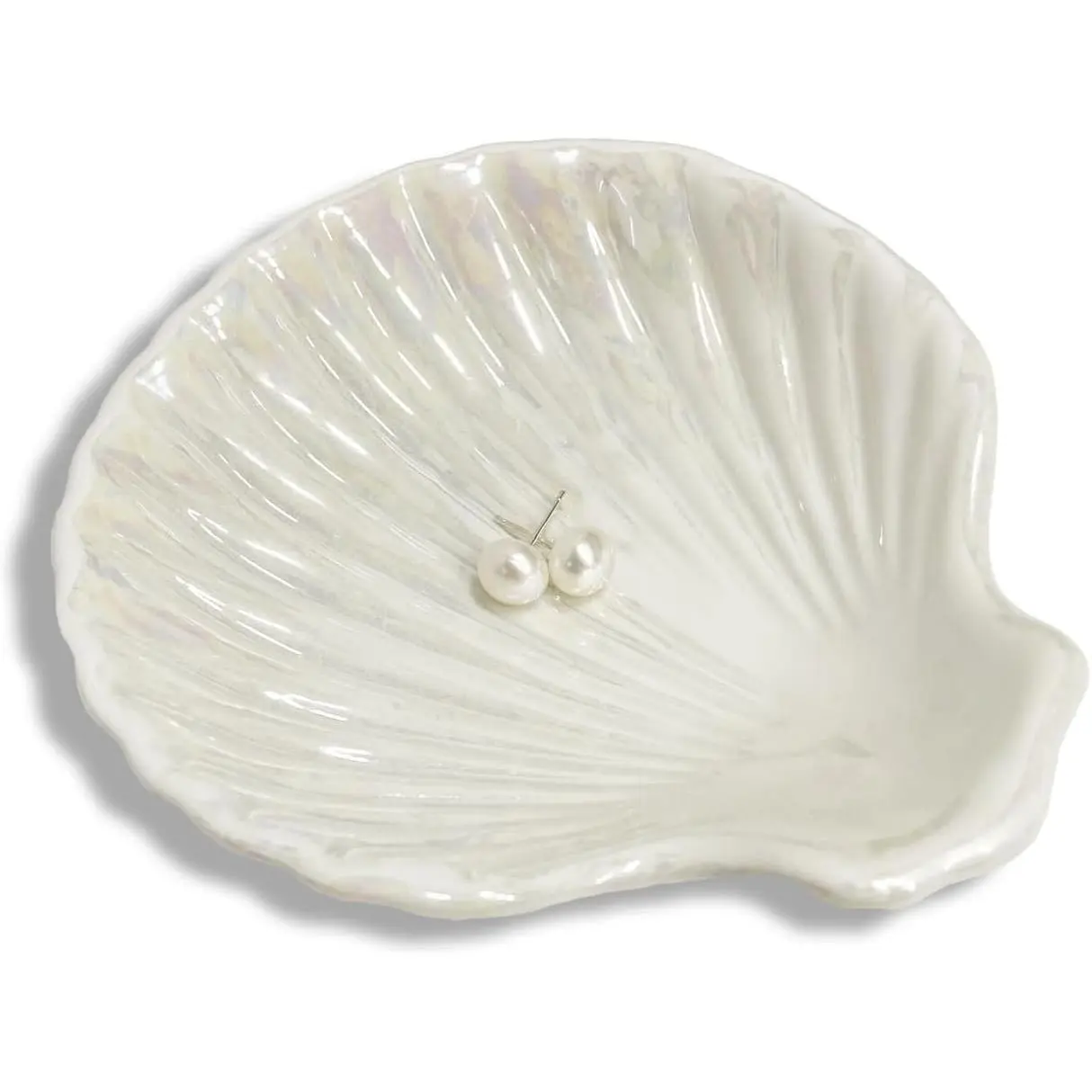 Ring Dish Shell Shape Ceramic  Dish Tray, Decorative Trinket Dish Organizing Rings Earrings Necklaces  for Mom Friend Sister, 3.9", White Iridescent Surface