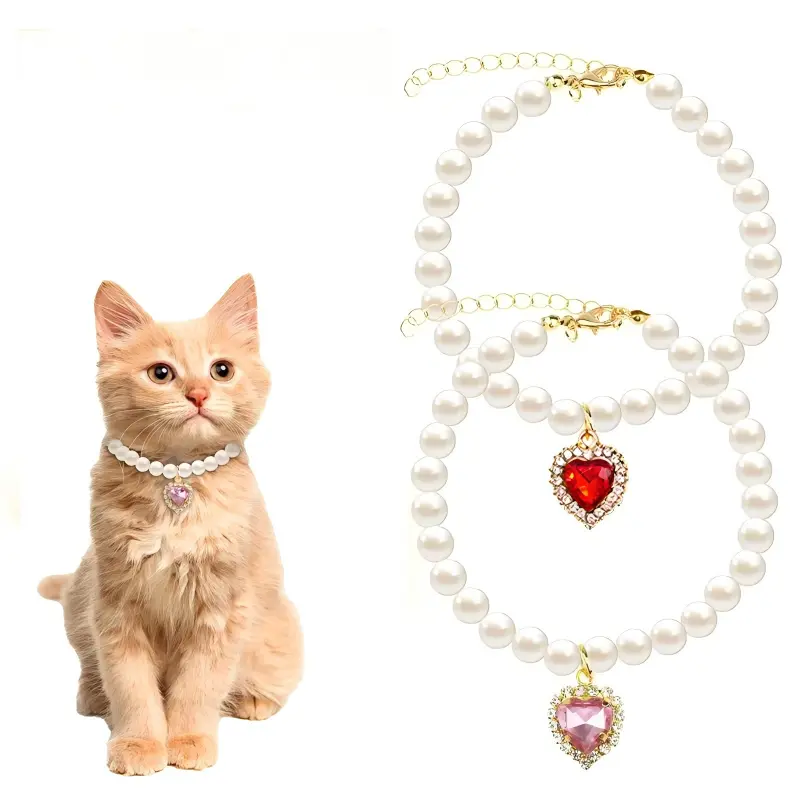 Premium Quality 2-Pieces Adjustable Pearl Cat Collars with Heart Rhinestones, Adjustable Clasp, Wear-Resistant Shine Stays Fresh, Resists Fading, Durable Design - Chic Look Holiday Pet Neck Accessories for Extra Small Cats