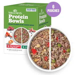 Wellness  Protein Bowls, Adult Fresh Alternative Dog Food, Wholesome Grains, 6.2 Ounce Pouch, 6 Pack, (Beef & Lamb Value Pack)