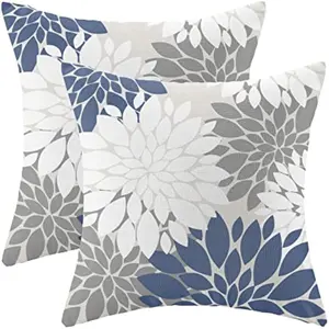 Navy Blue White Grey Pillow Covers 18x18 Inch Set of 2 Dahlia Floral Decor Throw Pillows Summer Modern Geometry Flower Outdoor Decorative Cushion Cases for Sofa Couch Bed Decorations