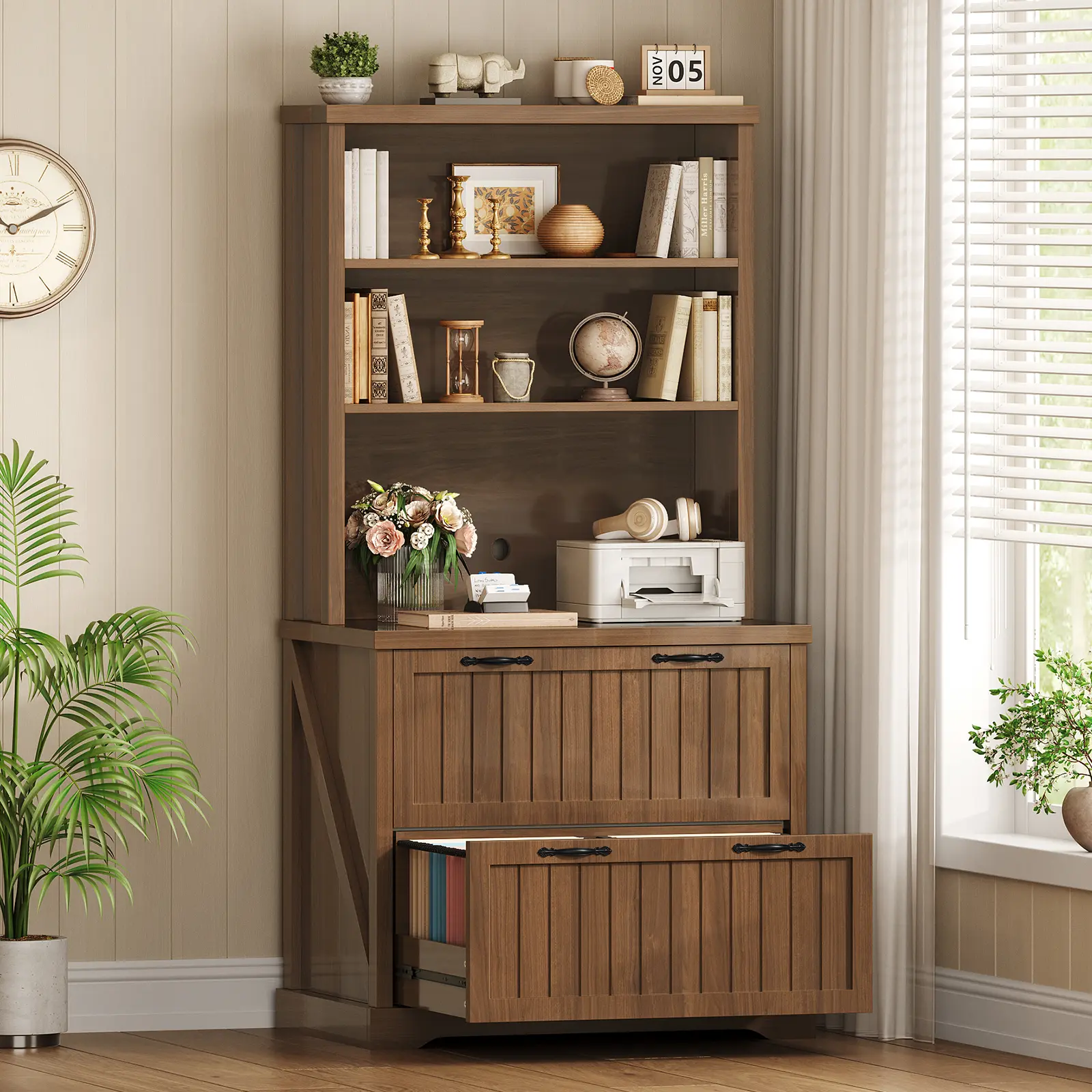 Sedeta 31.5-Inch Farmhouse Engineered Wood Vertical Stripes Filing Cabinet - 2 Drawers, Thick Base, Storage Shelves, Bookshelf, Home Office Furniture (Fits A4/Legal/Letter Sizes), 33.5 X 15.7-Inch Tabletop, 33.5 X 15.7 Inches