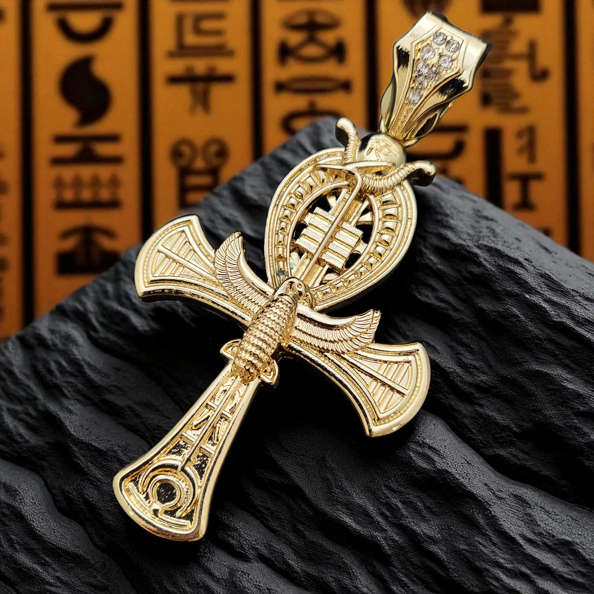 MaxBling81 Men's Gold-Plated Egyptian Horus Bird Ankh Cross Design Pendant, Cubic Zirconia Charm, Bold Casual Statement Hip Hop Costume Jewelry Fit for 15mm Max Chains