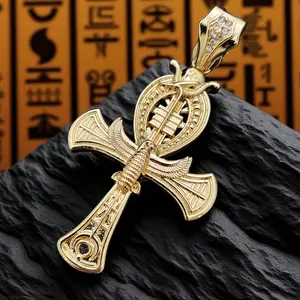 Men's Egyptian Large Horus of Bird Ankh Cross CZ Gold Plated Hip Hop Charm Pendant, It fits up to 15mm Chain