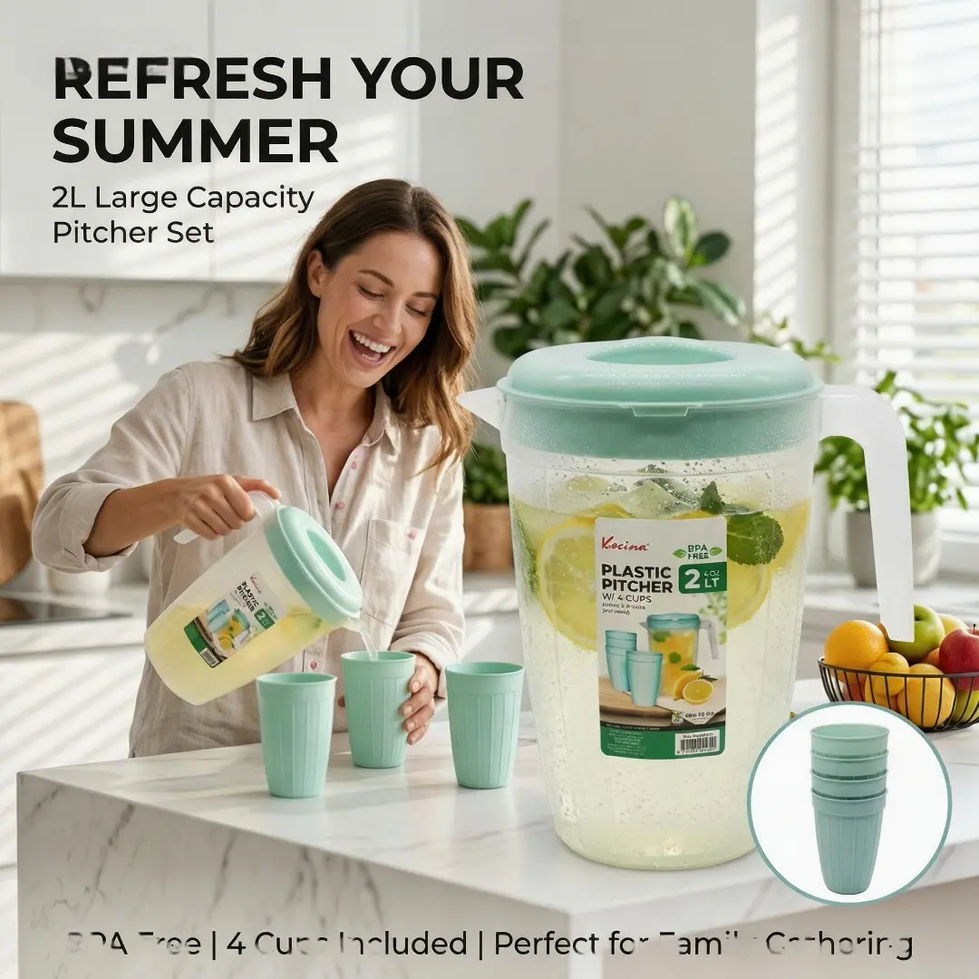5-Piece Plastic Cold Kettle Set Includes 2 Liter Pitcher & Four 420ml Drinking Cups, Portable Reusable Water Jug for Indoor/Outdoor Use, Ideal for Summer Drinks & Family Gatherings