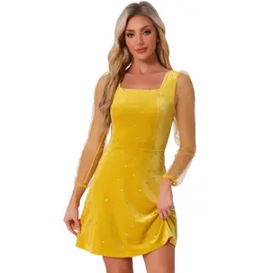 INSPIRE CHIC Women's Mesh Sheer Puff Long Sleeve Square Neck Glitter Star Mini Velvet Dress Yellow Small