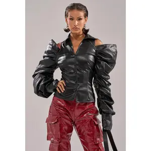 CRAZY IN LOVE BLACK FAUX LEATHER BUTTON DOWN BLOUSE