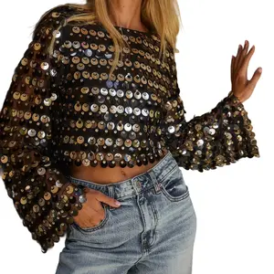 Womens Boho Long Sleeve Sequined Tops Loose Fit Stylish Sparkly Crew Neck Long Flared Sleeve T-shirt Party Fashion Top