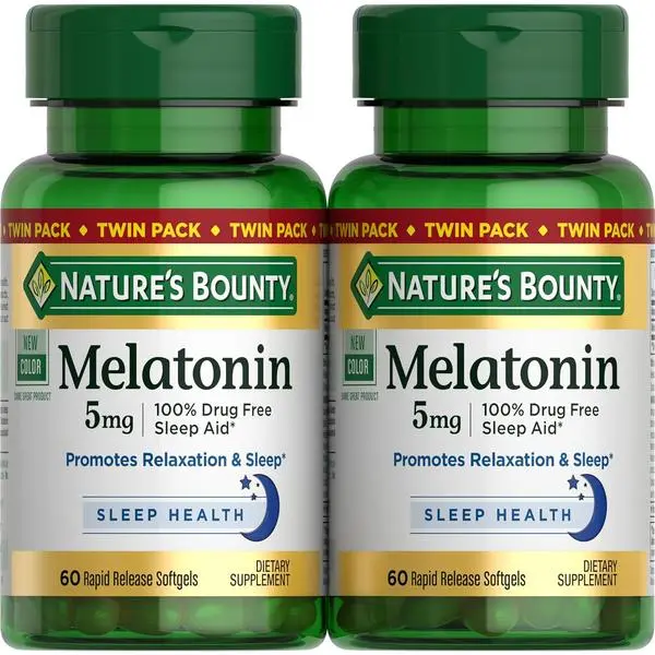 Nature's Bounty Melatonin 5mg, 100% Drug Free Sleep Aid, Dietary Supplement for Relaxation and Sleep Health - 4 Month Supply, 60 Rapid Release Softgels Twin Pack (120ct)