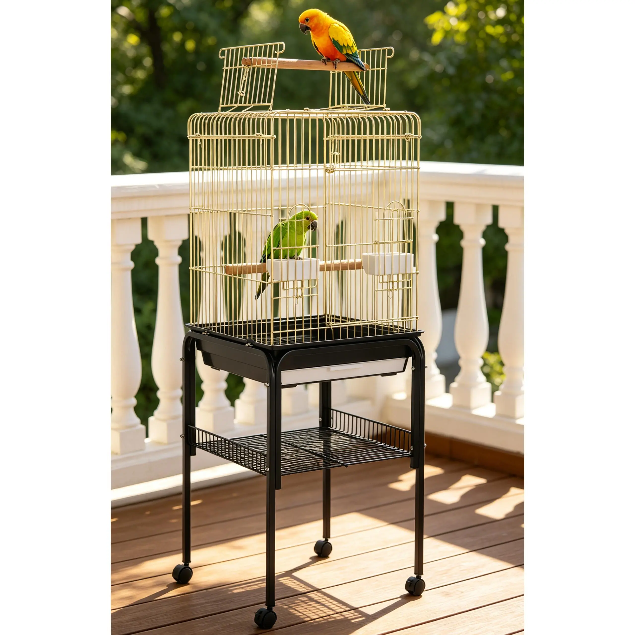 13" Round Coated Metal Bird Cage - Luxury Vintage Golden Hanging Bird Cage with Hook, Removable Tray, Feeders, Perch, 13.4 inches, 4.4 lbs, Durable Rust-Resistant Build for Finches, Cockatiels, Home Decor