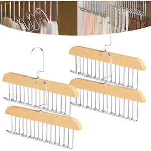 4 Pack Closet Belt Hanger, Wooden Tie Rack Hanger for Men with 8 Hooks, Space Saving Belt Organizer, Closet Storage for Belts, Bras, Scarves, Tank Tops