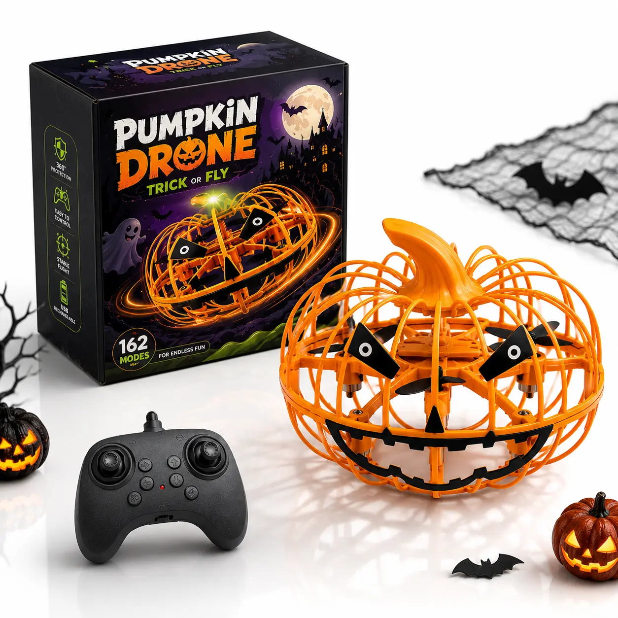 Halloween Toys for 2026, Halloween Pumpkin Drone for Kids, ApexMind Remote Control Drone with 360° Protective Cage, LED Flying Orb Ball Toy, Stable Hover Indoor Outdoor Drone, Fun Halloween Gift for Boys & Girls
