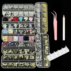 7 Box Nail Art Kit, Nail Art Set, Alloy Butterfly Pearl Round Drill Bear Flower Square Drill, DIY Nail Materials, Electric Drill Pen, Tweezers, 5 Practice Nails