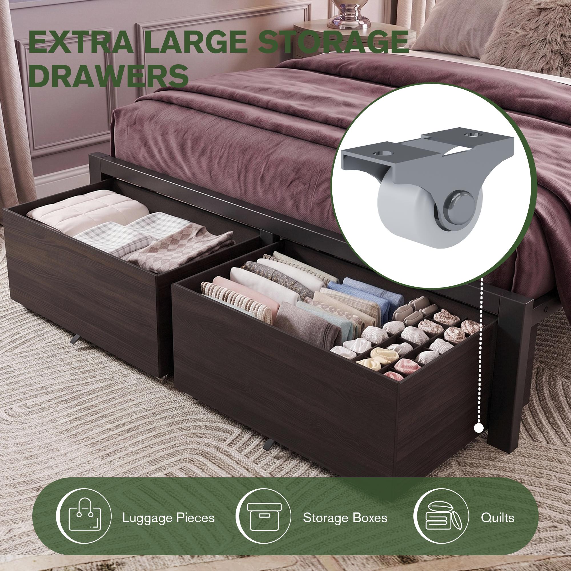 MUTICOR LED Bed Frame with 2 Fabric Storage Drawers, Charging Station & MDF Storage Headboard, Steel Slat Platform Bed with Underbed Storage, No Box Spring Needed