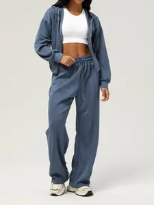 2-piece Women's Solid Color Full Zipper Hooded Jacket with High Waist Elastic Drawstring Waistband and Straight Leg Casual Sports Pants, Fashionable Casual Sports Suit,Airport Outfit