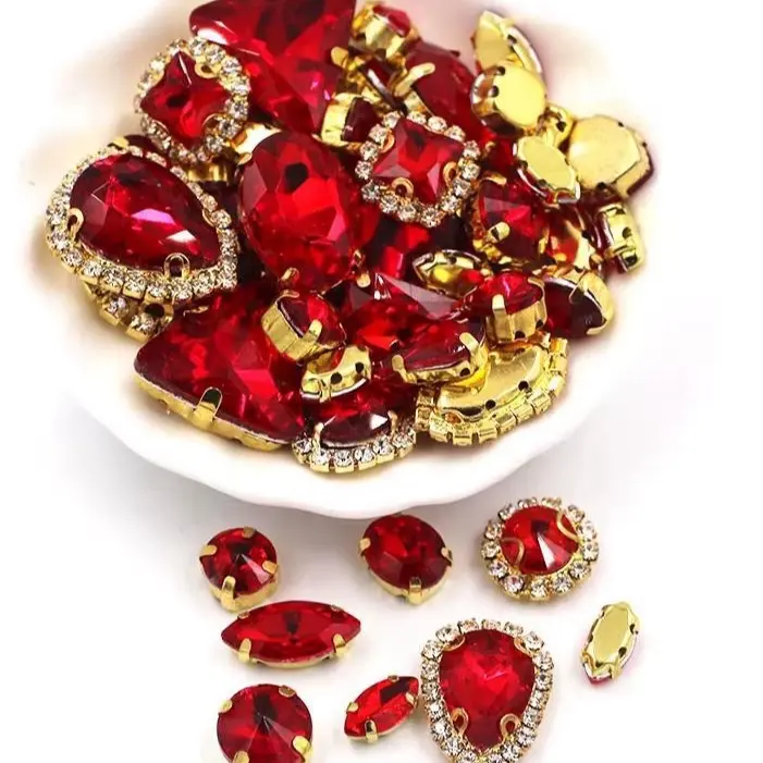 Red Mixed Shape Sew-On Glass Rhinestone Gold Claw Crystal 50pcs for Clothes, Shoes & Dresses, DIY Decoration