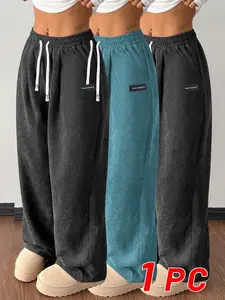1PC Women's Corduroy Casual Straight Leg Pants, Solid Color Drawstring Vintage Pockets, Breathable & Comfortable, Suitable For Daily Activities, Allseasonfashion