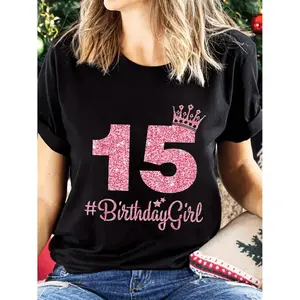 Plus Size Women's 15th Birthday Graphic T-Shirt - Glitter Pink '15' & Crowns Print Casual Crew Neck Short Sleeve Top, Machine Washable Summer Spring Tee for Birthday Celebrations, Birthday Tshirt, Celebration Apparel, Fun Party We
