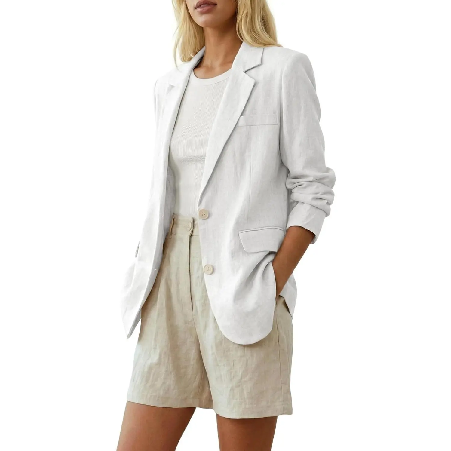 Mina Self 2026 Summer Women's Minimalist Linen Blazer Jacket - Short Sleeve, Long Open-Front, Shawl Lapel, Single Button, Breathable, Full-Lined, Lightweight, Pocketed, Relaxed Fit, True to Size, Casual Business Casual Office Outerwear