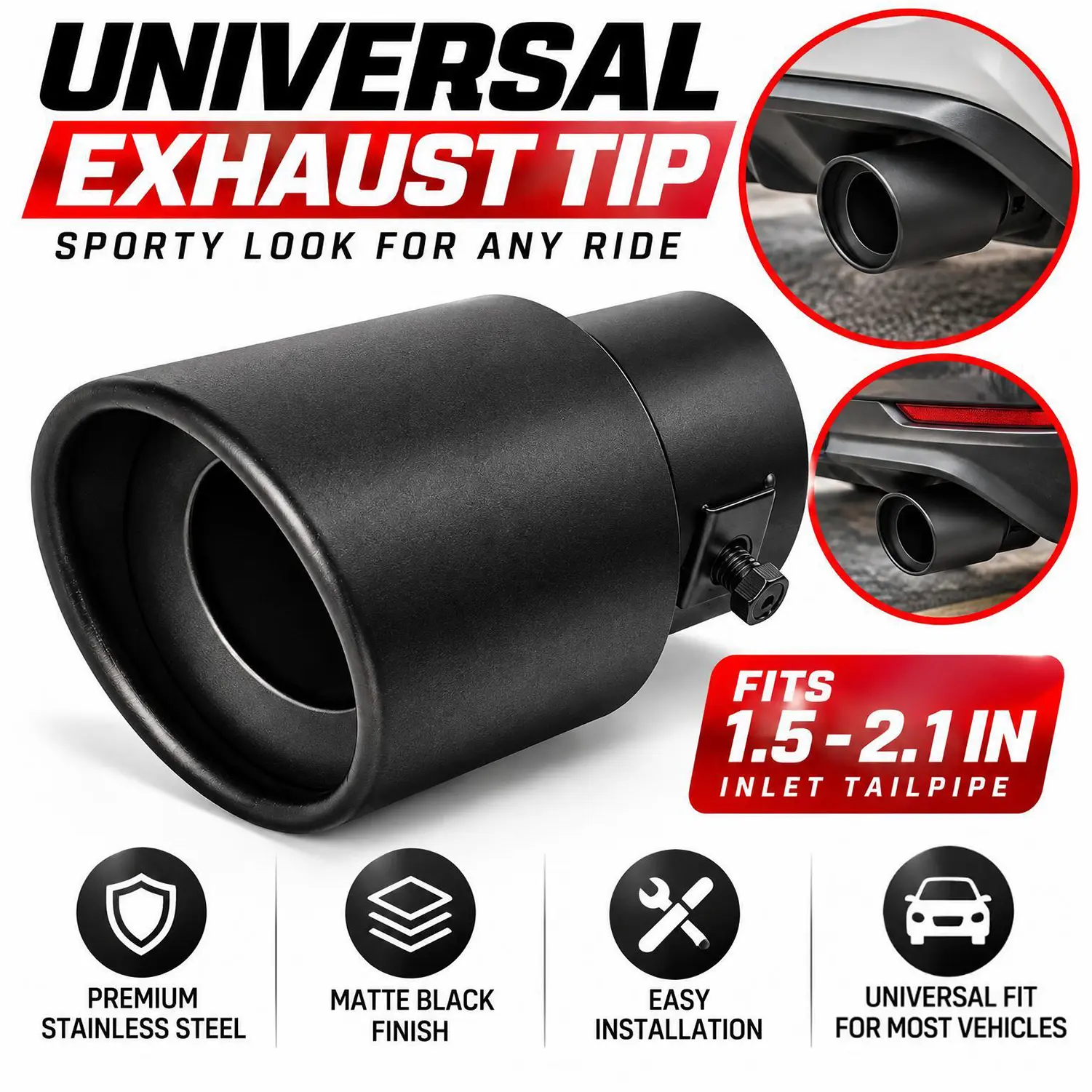 Universal Matte Black Stainless Steel Exhaust Tip (Fits 1.5–2.1 inch Inlet Tailpipe) – Bolt-on Upgrade for Sedans and Pickup Trucks (No Welding Required)
