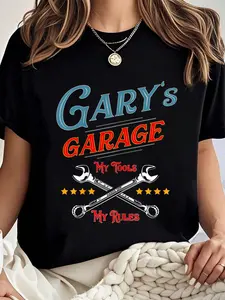 100% cotton Gary's Garage Funny Tee Shirt T-Shirt Women Graphic T-Shirt Cotton Print short Sleeve Casual Top, Summer Tee Womens Tops