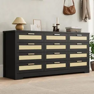 12 Drawer Dresser for Bedroom, Modern Farmhouse Rattan Chest of Drawers with Handles, Wood Dresser for Closet, Living Room, Entryway, and Hallway,Black
