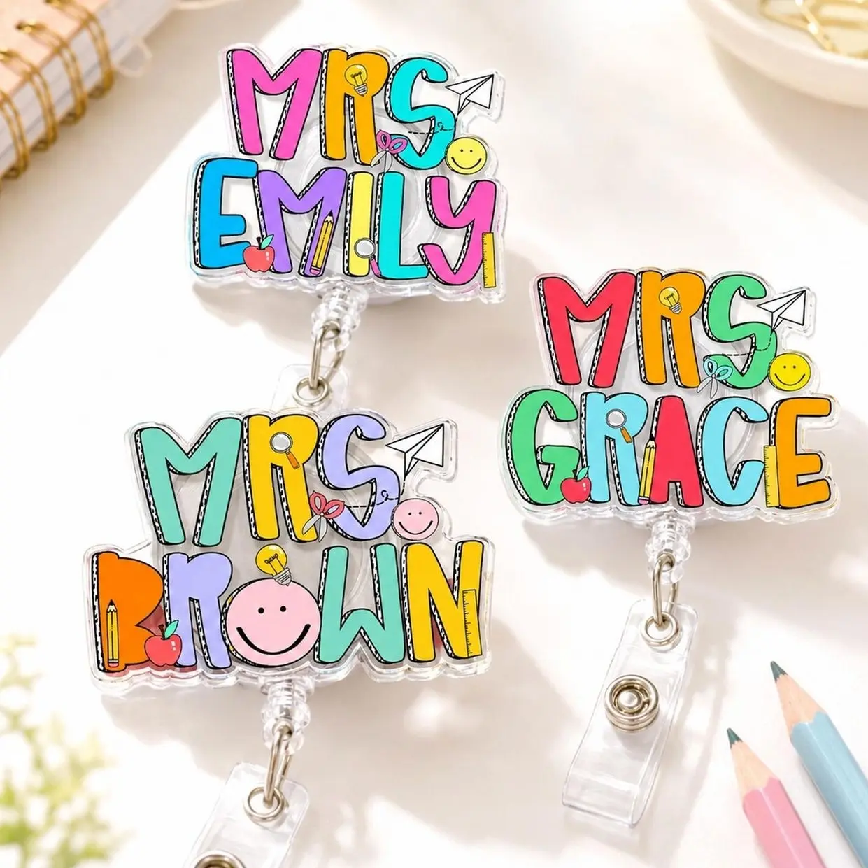 Custom Groovy Teacher Name Badge Reel: Personalized ID Clip, Acrylic Teacher Gift