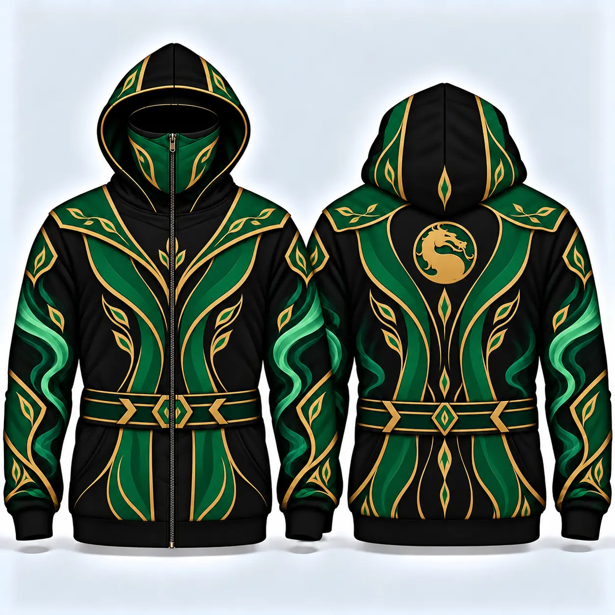 Jade Inspired Full Zip Ninja Hoodie with Face Mask for Women, Green Black Gold All Over Print Hooded Jacket