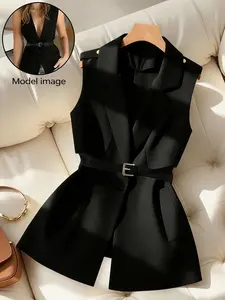 A French retro black suit with a vest and waistband that accentuates a slim, Fitted and stylish sleeveless jacket for women, suitable for all seasons, home, indoor, and outdoor wear