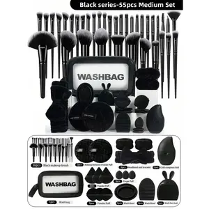 55-Pieces Cosmetics Tools Set - Waterproof Bag, 3PCS Triangle/Cushion/Mini Puffs, Hairband, 2PCS Bowl Straps, Cleansing Sponges, Brush Cleaners, Facial Ice Compress, Silicone Soft Hair Facial Tool