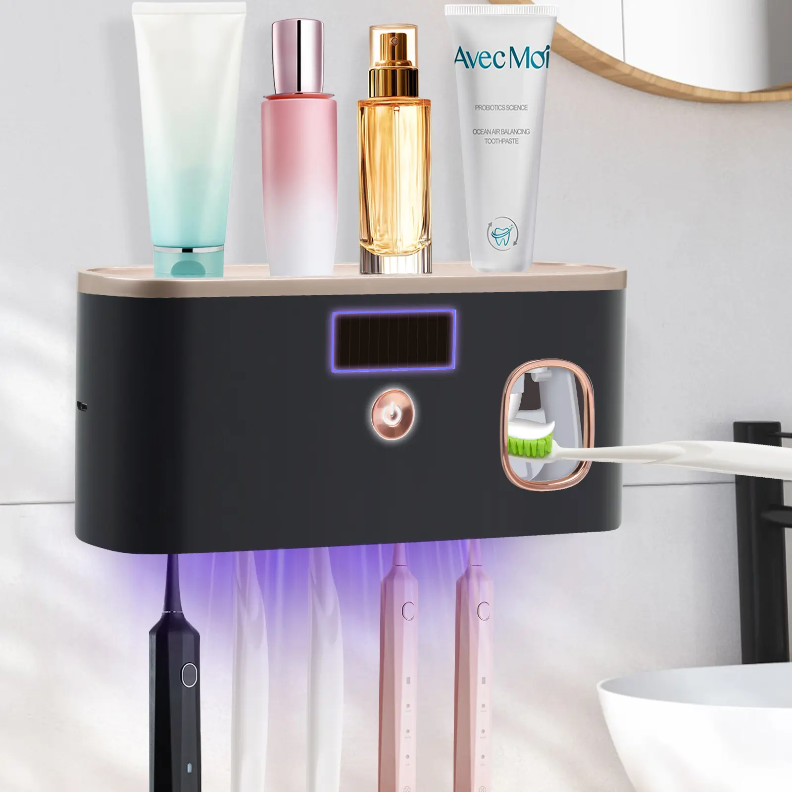 PHANCIR SL UV Toothbrush Holder for Bathrooms 5-Slot Wall Mount Sanitizer Timing Function with Toothpaste Dispenser for Electric Regular Toothbrush
