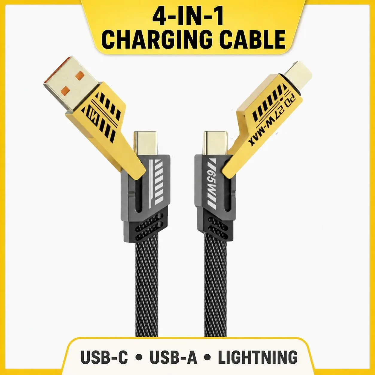 MREGB 4-in-1 Multi Charging Cord, 65W Fast Charging Braided Cable with Flip Adapters | USB-A/USB-C to USB-C/Lightning, Compatible with Phones, Laptops, Tablets, Power Banks, for Car, Office & Travel
