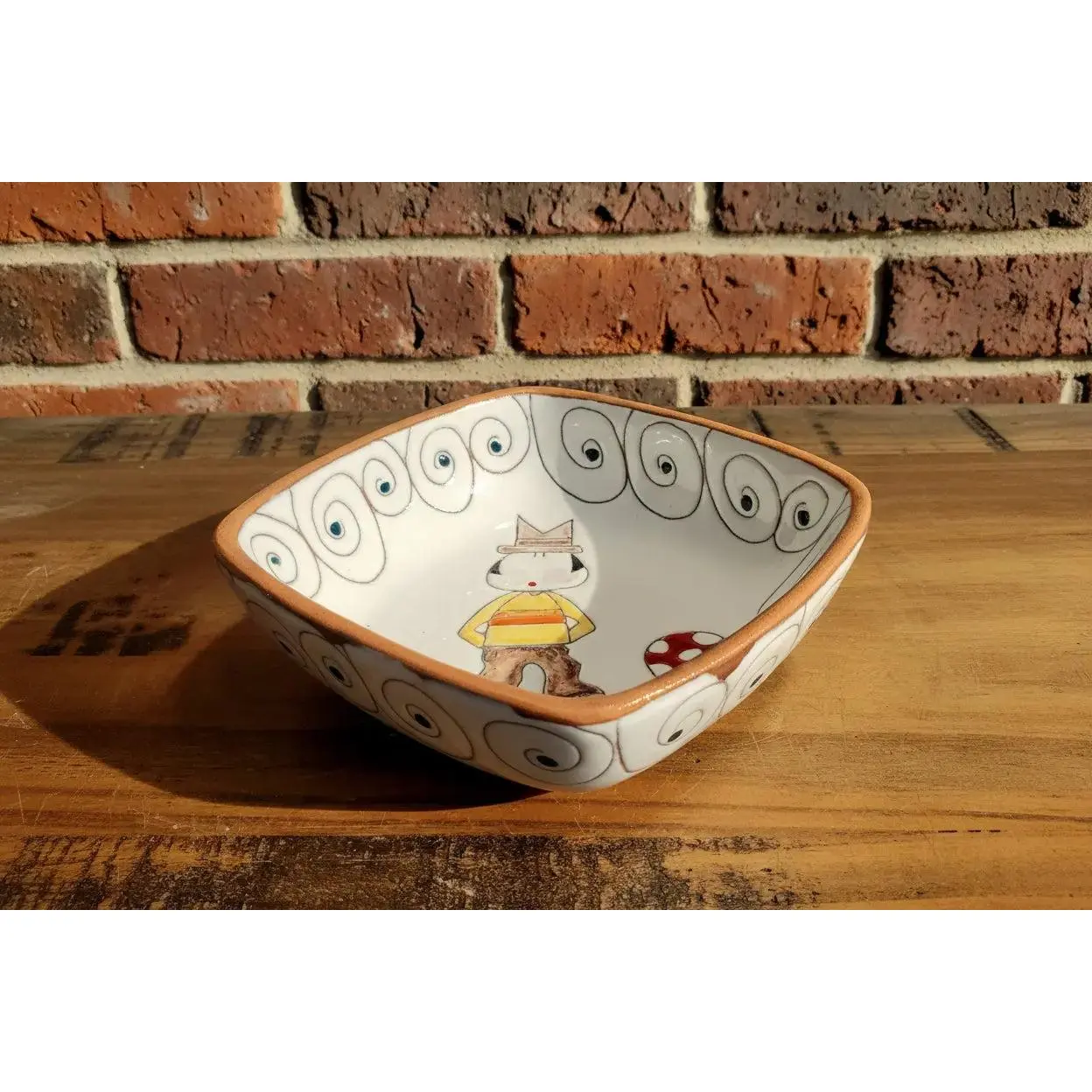 Hand-Engraved Rustic Fantasy Handmade Pottery Square Dessert Bowl - 5.75" x 5.75" L, 14oz Ceramic Dish with Boy, Mushroom & Polka Dot Design, Collectible Pottery Tableware for Console Tables, Mushroom Motif