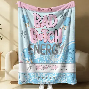 Sweet Cool Style Flannel Blanket Throw Blanket, Blue Block,  Ice Cream Snowflake Design, Soft Skin-Friendly Warm, Suitable for Young Women