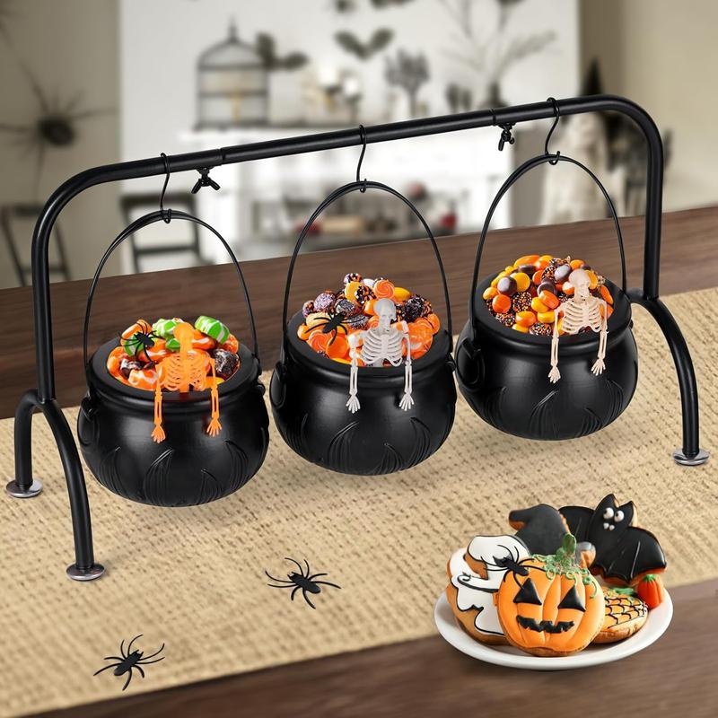 Halloween Decorations Indoor,Halloween Decor- Set of 3 Halloween Witches Cauldron Candy Serving Bowls on Rack,Black Plastic Cauldron with Skeletons for Indoor Outdoor Home Kitchen Decoration