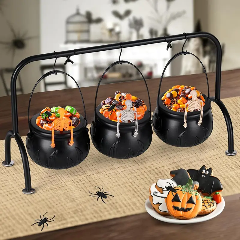 Halloween Decorations Indoor,Halloween Decor- Set of 3 Halloween Witches Cauldron Candy Serving Bowls on Rack,Black Plastic Cauldron with Skeletons for Indoor Outdoor Home Kitchen Decoration