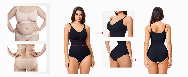 [MAX] Nebility Women's Seamless Vneck Shapewear - Basic Comfortable Sleeveless Camisole, Stretchy Bodysuit with Gentle Tummy Support, Minimalist Womenswear Compression