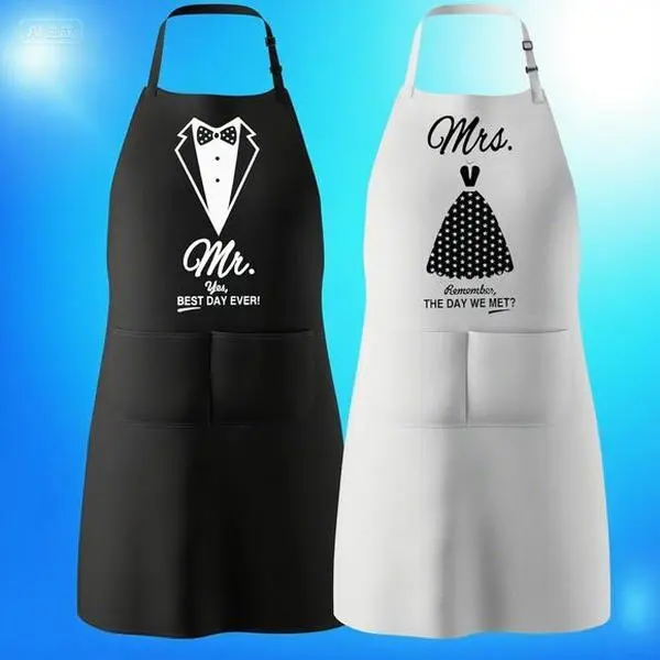 Comfortable Personalized Couple Aprons Set - 2-Pack Adjustable Bib Aprons with Pockets, Matching Mr and Mrs Kitchen Gifts for Wedding, Romantic Christmas Gift for Newlyweds