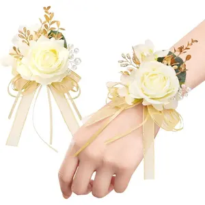 Rose Artificial Wrist Corsage and Boutonniere Set-2 Pcs Champagne-for Wedding Decorations, Prom Ceremony Accessories