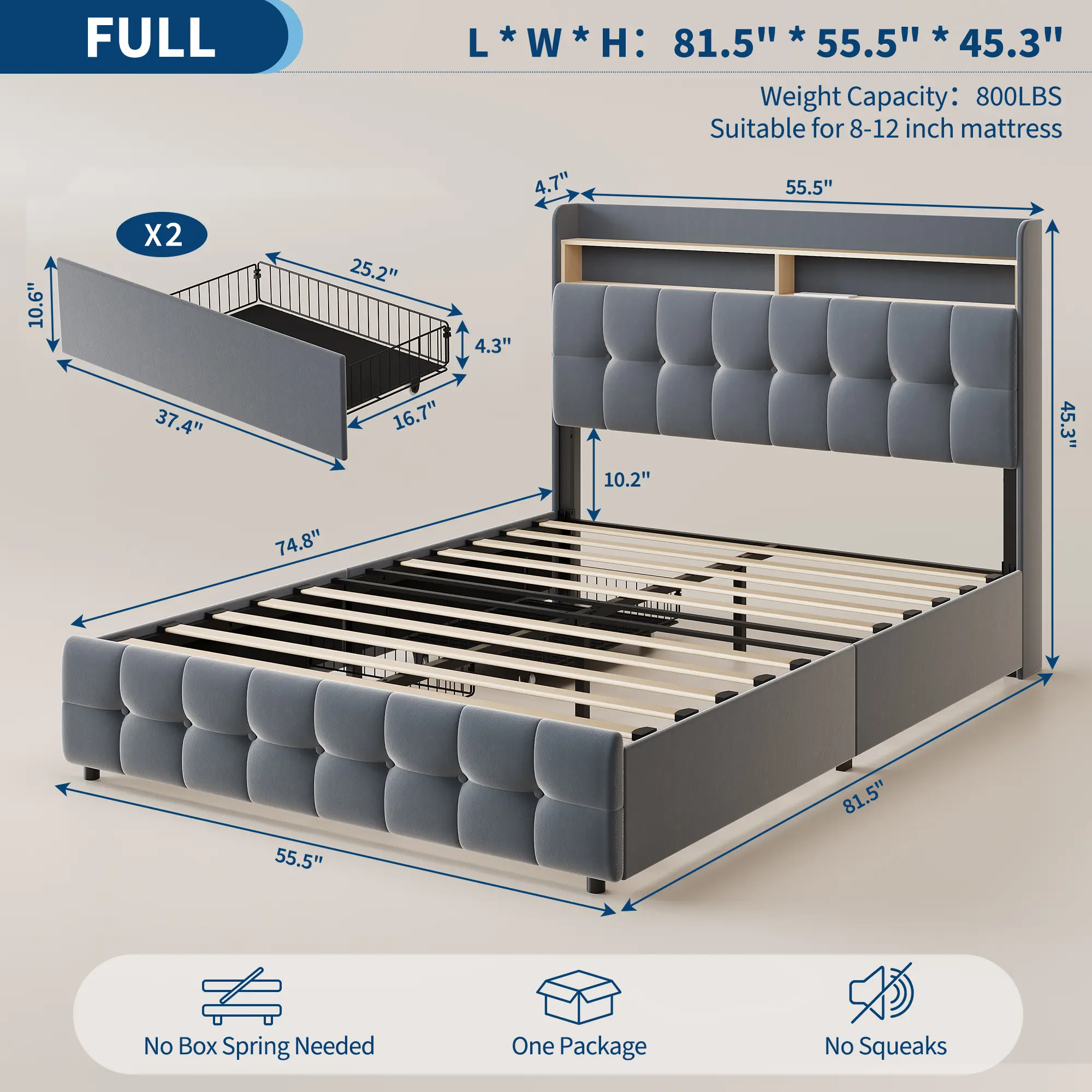 Modern Upholstered Full Platform Bed with Double-Layer Soft Tufted Headboard, 2 Storage Drawers, LED Lighting, Charging Socket, USB Port, Sturdy Metal Slats, Easy Assembly, Light Grey & Original Wood Accent Bed with Storage Underneath