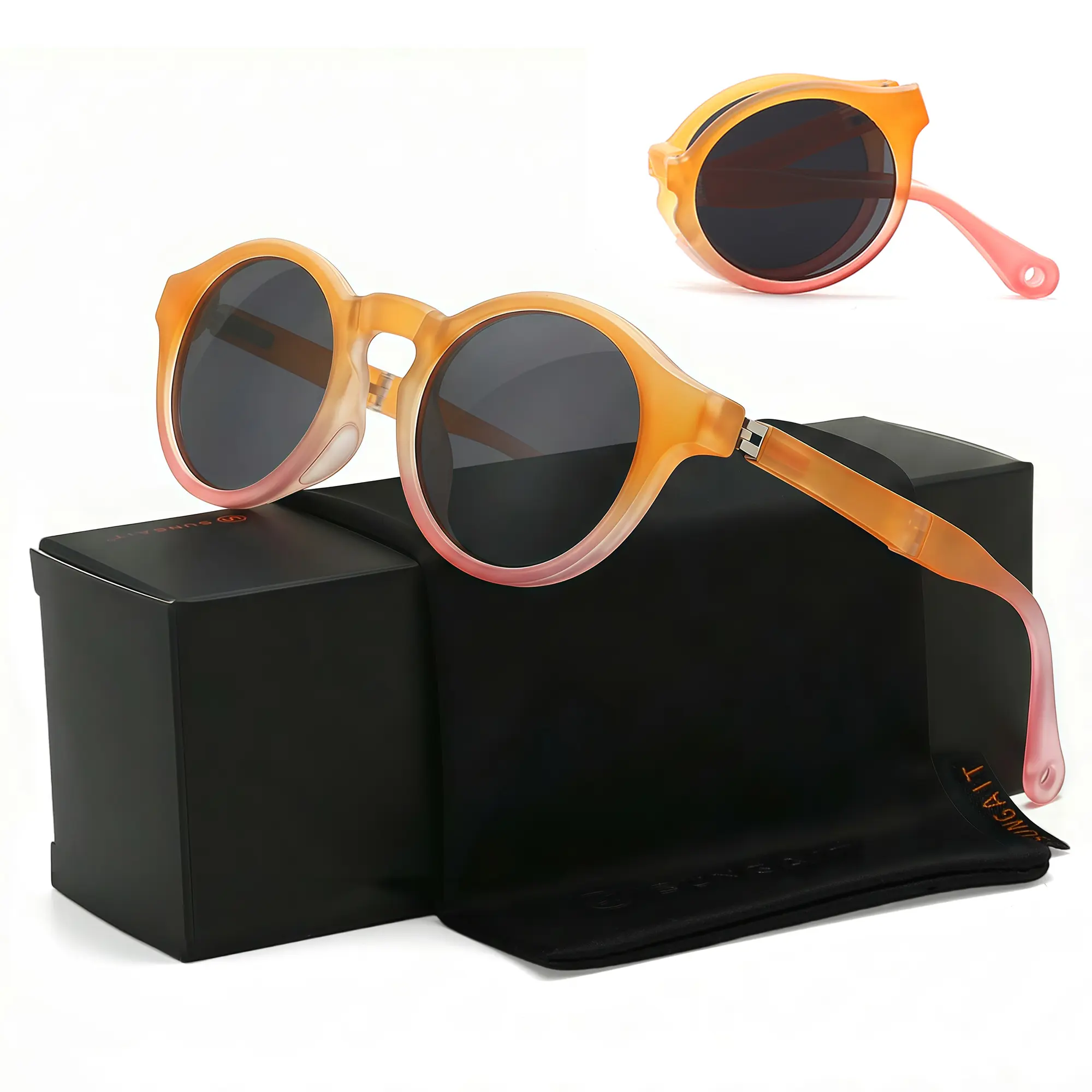 SUNGAIT Kids Foldable Retro Round Sunglasses - UV400 Protection, TAC Lenses, Cute Gradient Frame, Casual Portable Eyewear for 0-6 Years Boys & Girls (SGT688)