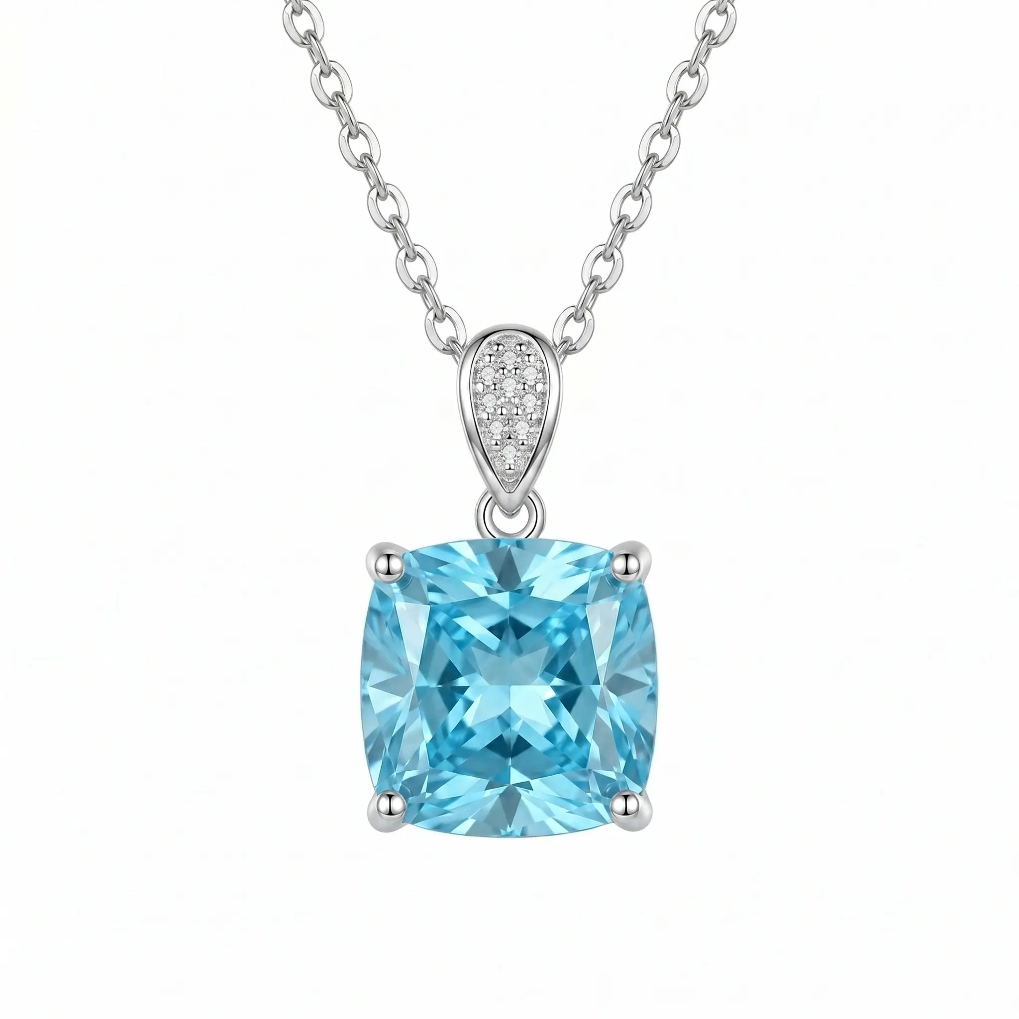 S925 Sterling Silver Cushion Cut Aquamarine Blue Zirconia Solitaire Pendant Necklace for Women, Sparkling Sky Blue March Birthstone Choker with Pavé Bail, Platinum Plated Hypoallergenic Fine Jewelry Gift for Her