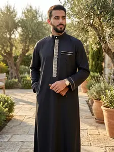 Islamic Muslim Arabic Traditional Robe Clothing, Ramadan Festival Sacrifice Day Traditional Holiday Clothes, Classic Men's Geometric Embroidered Robe, Modesty Thobe, Authentic Saudi Thobe