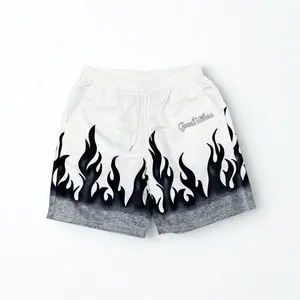 Men’s Black & White Flame Drawstring Shorts – Summer American Streetwear Casual Style from a Trendy Brand