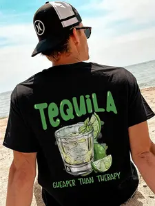 Party Guy Must-Have Tequila Humor Slogan T-Shirt, Loose Fit Short Sleeve for Boys, Beach Bar Nightclub Party Drunk Style Casual Streetwear, Menswear