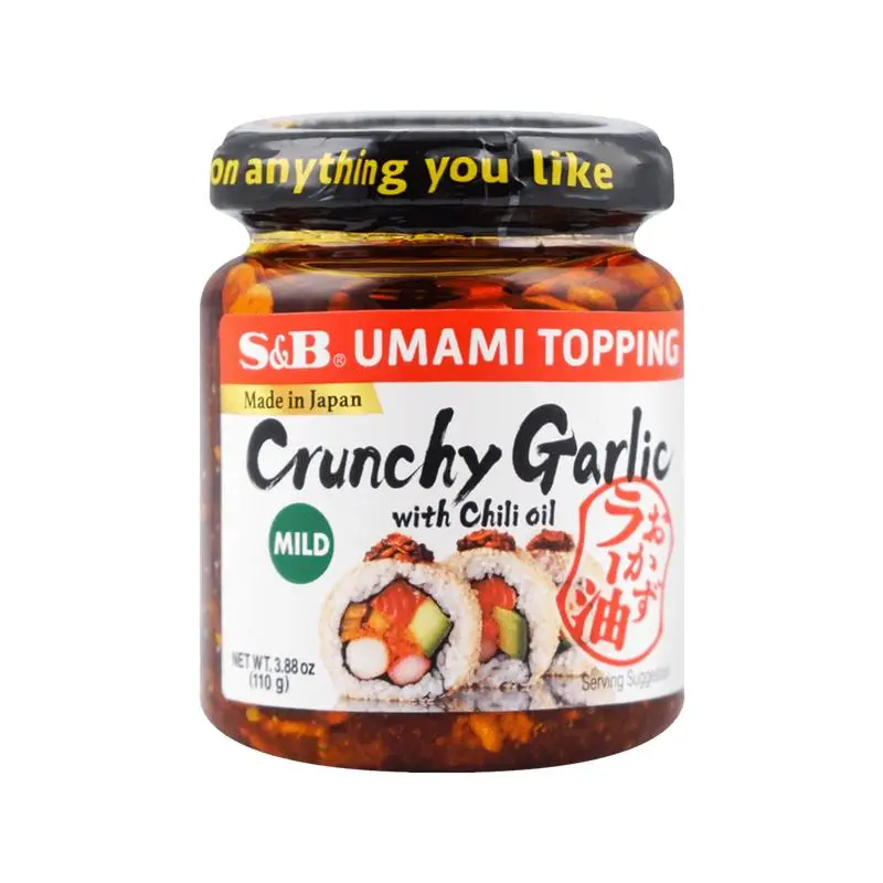 S&B Umami Topping Crunchy Garlic with Chili Oil, Mild Spicy Flavor – 3.88 oz,Savory Umami Chili Oil Sauce Made in Japan